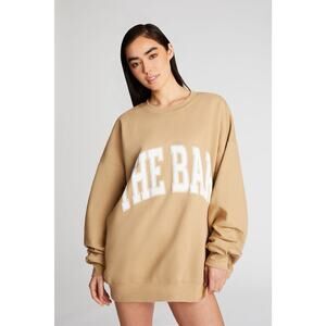 The Bar Varsity Sweatshirt Oversized Boyfriend Beige Pullover Crew Size Medium